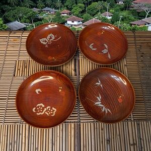 Vintage Set 4 Hida Shunkei Lacquer Trinket Dishes Plates Japan Wood Hand Crafted